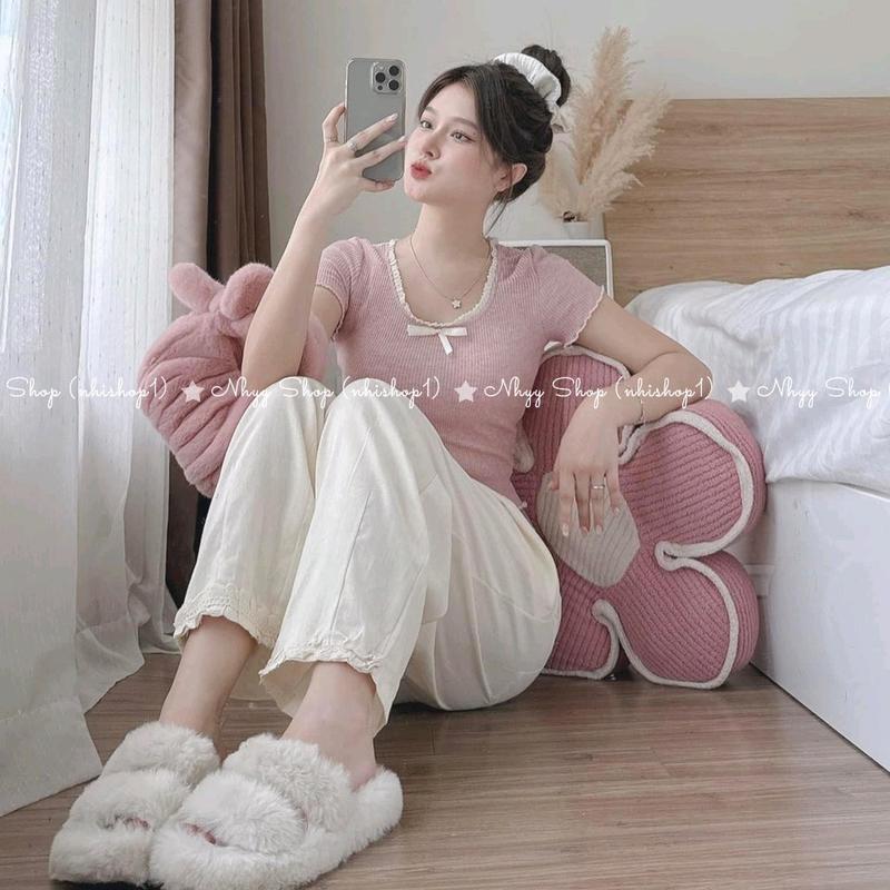 Bigsize 60-90kg Set bộ áo thun gân tăm form ngắn đính nơ phối ren+ quần đũi suông ống rộng phối ren cho nữ, Bộ đồ áo ôm thun tăm gân cổ tròn + quần dài ống rộng phối ren lưng thun- Nhyy Shop 4
