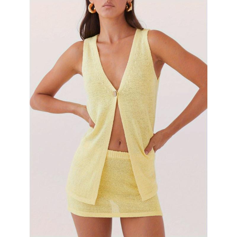 Women Set Solid Color Deep V Neck Sleeveless Tank Tops Elastic Waist Skirt 2pcs Outfit 3
