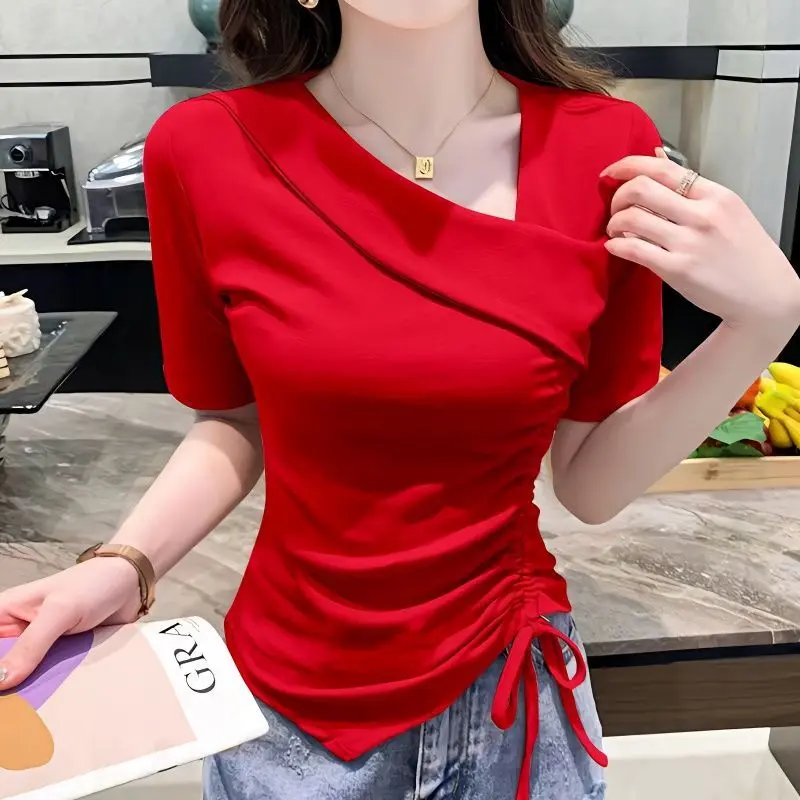 Áo Thun Ngắn Tay Sang Trọng Thuần Khiết Cổ Chữ V, Dáng Ôm, Dành Cho Nữ, Thiết Kế Dây Rút Bất Đối Xứng Áo Ngắn, Phong Cách Ins