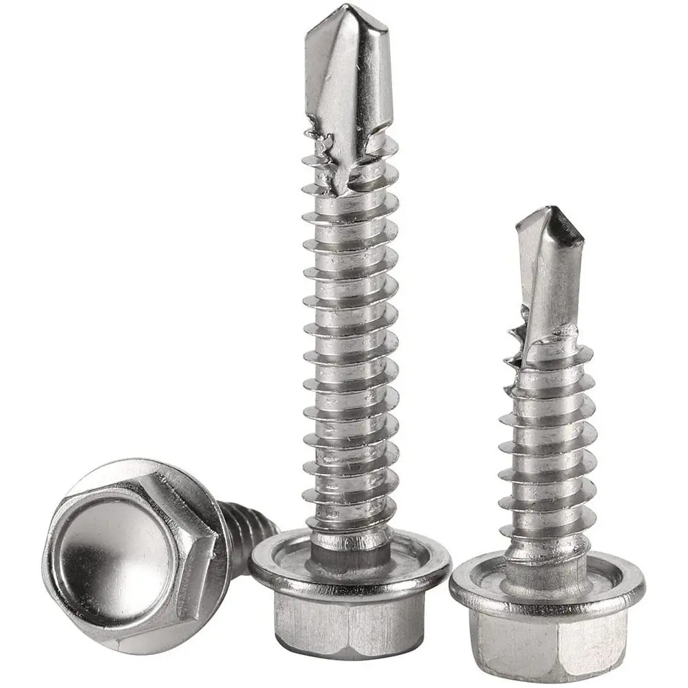 Self Drilling Screw, Hex Washer Head Self Drilling Screws (100pcs), Multiple Size Screws, Stainless Steel Self Tapping Sheet Metal Screws