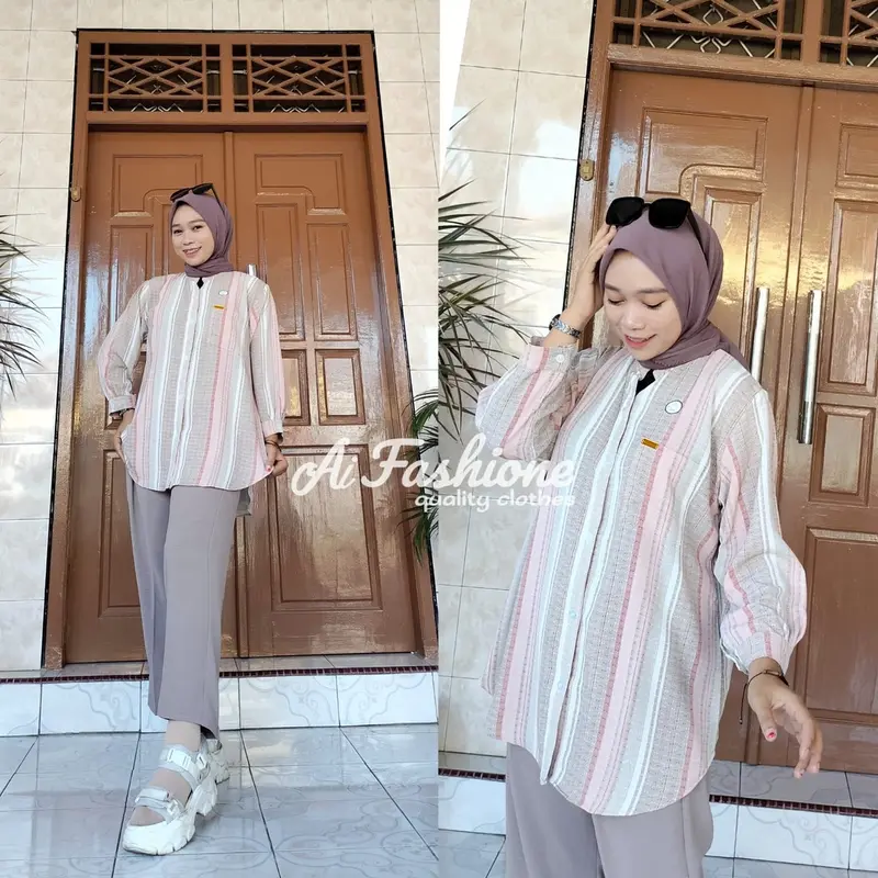 One set wanita terviral bahan airflow motif setelan hijaber kekinian ootd  2023 Cokelat Kombinasi 0