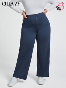 CURVZY Plus Size Solid Pocket Wide Leg Pants, Casual Comfy Trousers for Daily Wear, Women's Bottoms for All Seasons