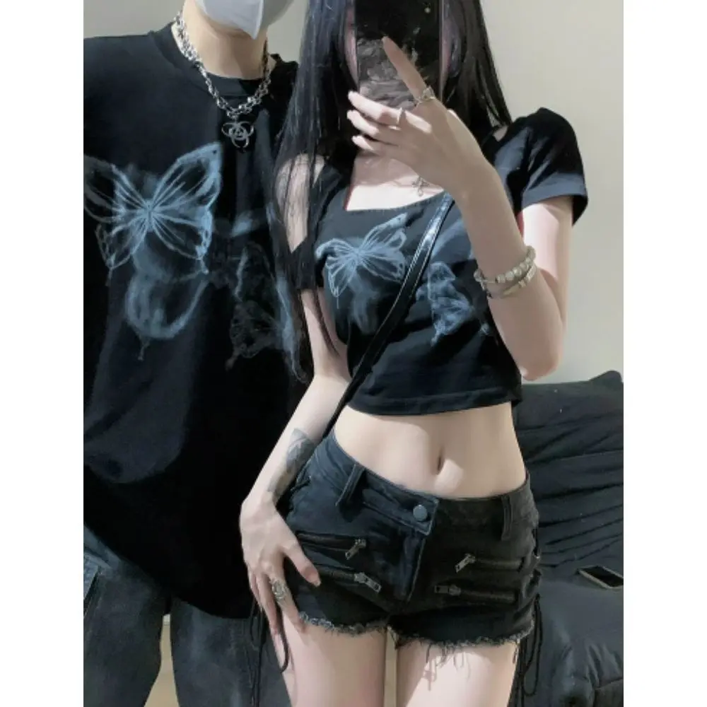 Áo Thun Ngắn Tay In Hình Bướm Đen, Thiết Kế Cặp Đôi Vua Khóa Trái Tim, Dành Cho Nam Và Nữ, Trễ Vai, Dáng Rộng Vừa Vặn, Thời Trang