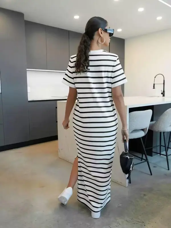 Women's Striped Print Round Neck Dress, Casual Short Sleeve Crew Neck Dress for Daily Wear, Ladies Clothes for All Seasons 1