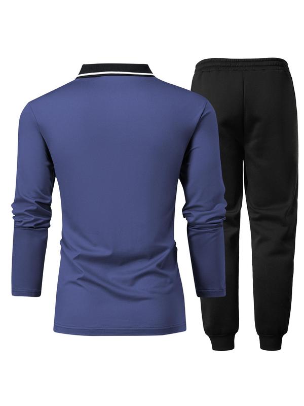 Men's Plain Button Front Polo Shirt & Drawstring Waist Pants Set, Regular Fit Long Sleeve Collared Top & Jogger Pants, Men Two-piece Outfits for Spring & Fall 7