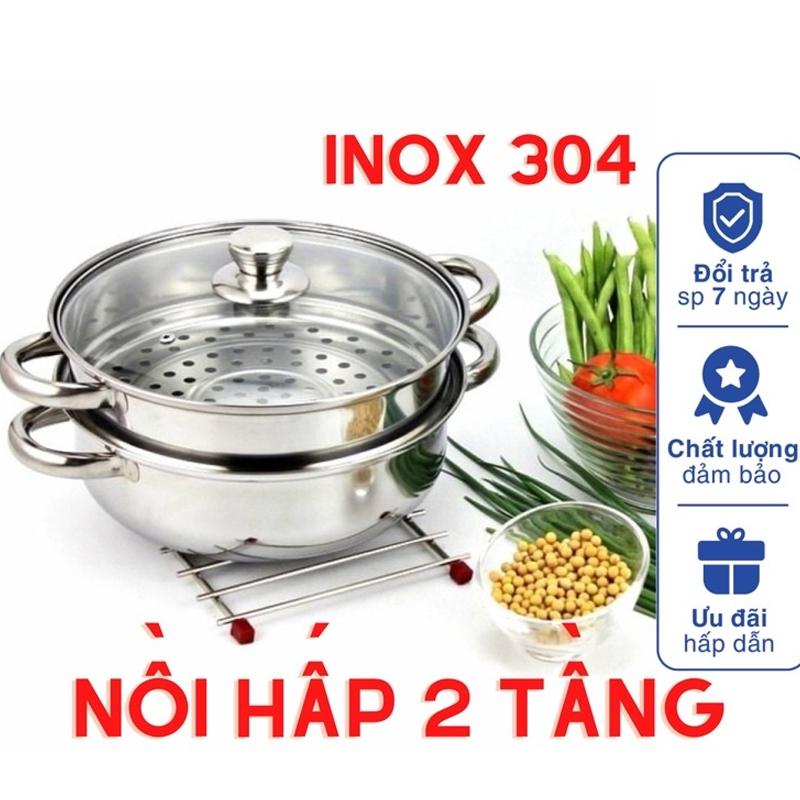 Nồi hấp inox 2 tầng đa năng 28cm cao cấp nắp kính cách thủy