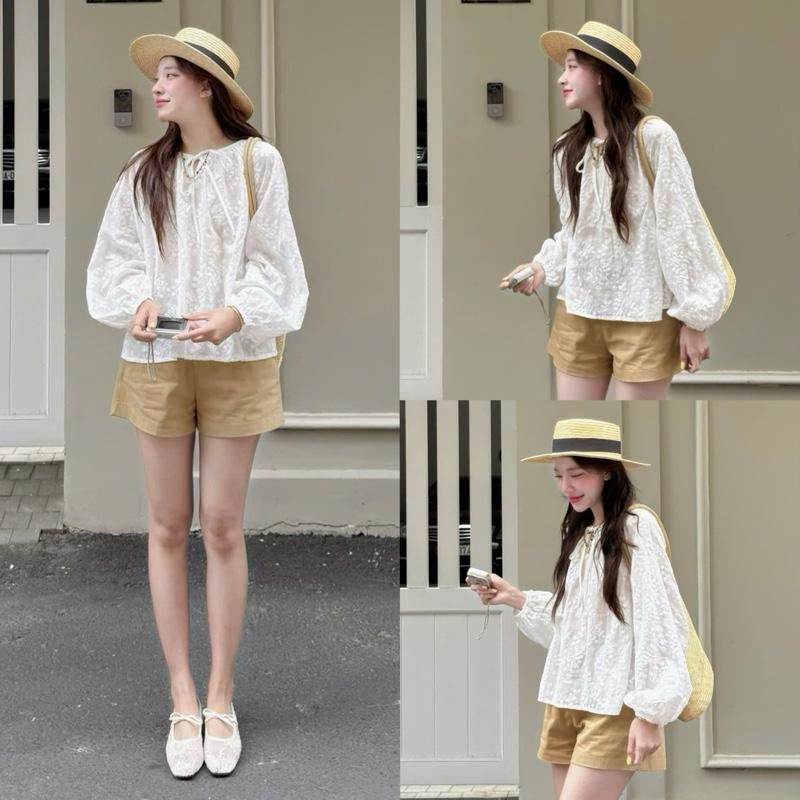   ẢNH OLDSCHOOL  Áo babydoll ren thô boil tay bồng chun cổ V buộc nơ MYRA TOP 