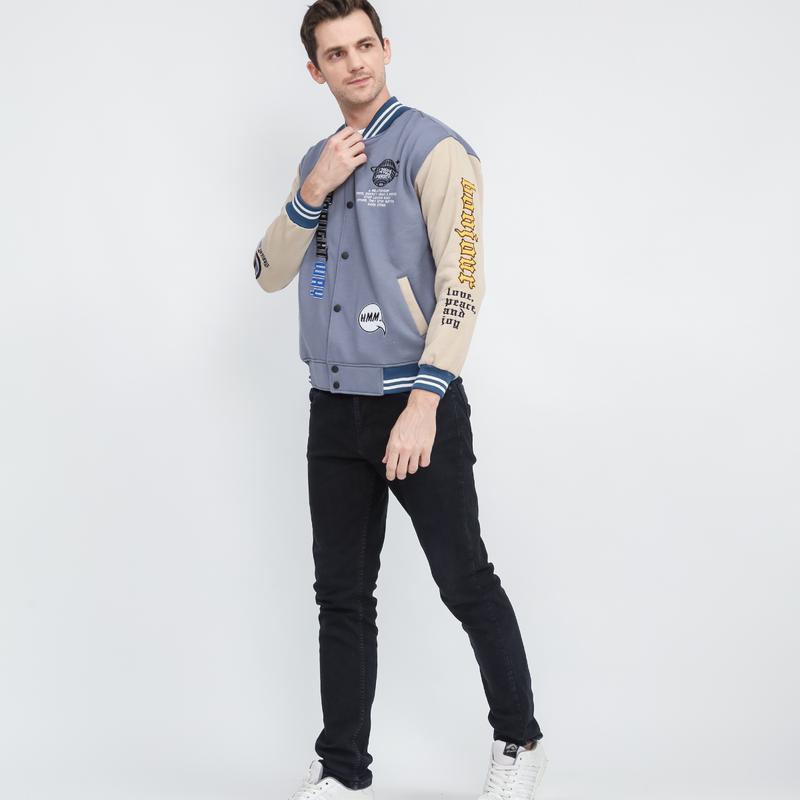 JAKET VARSITY DENIM COMBI CREAM  FLEECE TEBAL FULL BORDIR / VARSITY 05 FULL TAQ ORIGINAL / JAKET BASEBALL UNISEX 5