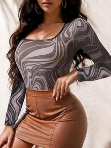 YOZY Women's All Over Print Long Sleeve Square Neck Bodysuit, Casual Tight-fitting Bodycon Bodysuit for Spring & Fall, Ladies Clothes for Daily Wear