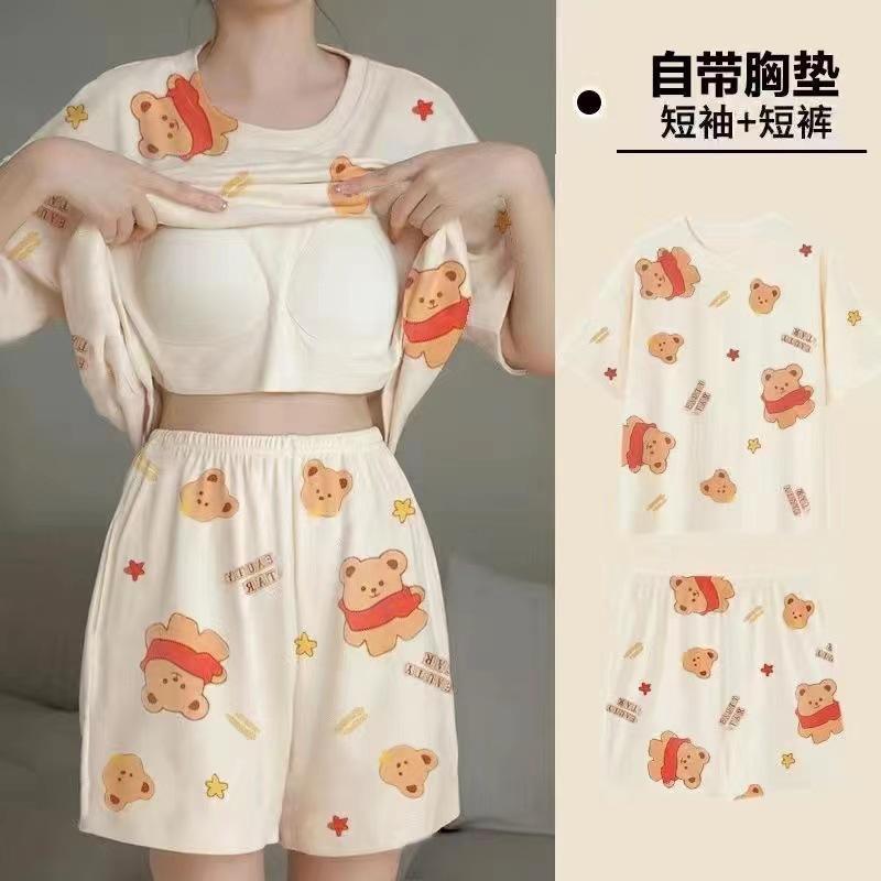 Product Introduction of Pajamas Women's Summer Short Oversleeves Sweet with Chest Pad Korean Cartoon Student Casual Homewear Loose plus Size Summer 43
