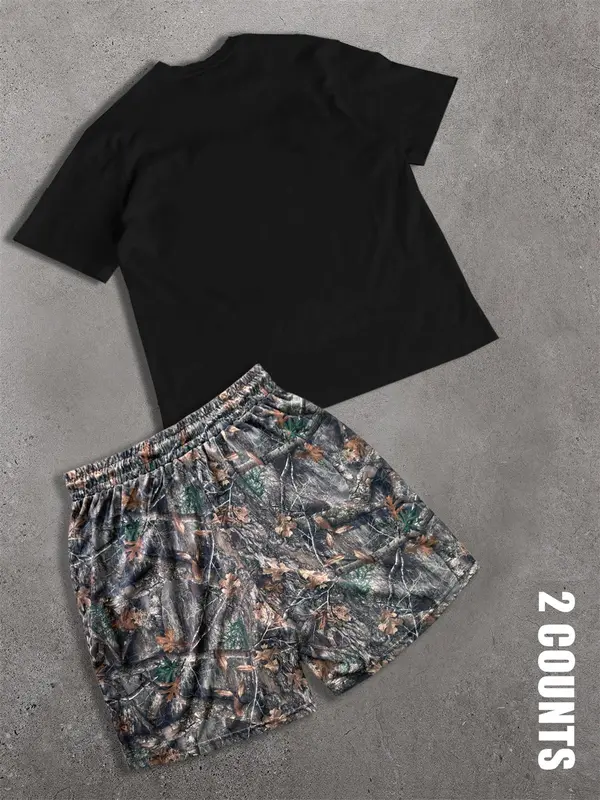 Men's Letter & Money Graphic Tee & Shorts Two-Piece Set, Regular Fit Casual Round Neck Short Sleeve T-shirt & Drawstring Waist Shorts, Men's Summer Clothes for Beach Vacation 5