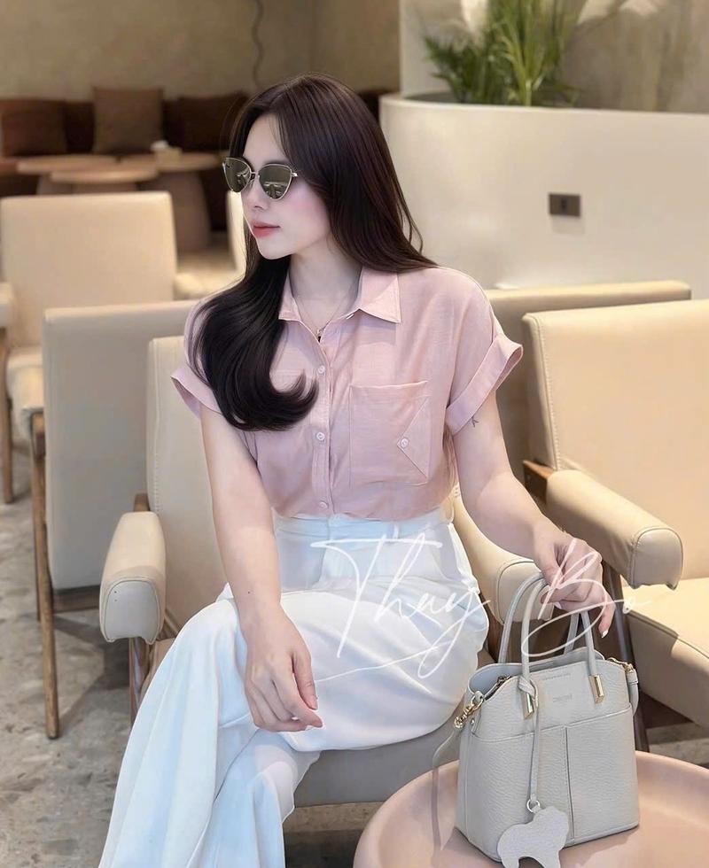 Product Introduction of Áo sơ mi cộc tay túi bên tay lật chất đũi tằm ít nhăn hai màu Hồng, trắng nhẹ nhàng thanh lịch cho nữ - Hàng l1, Full size s m l 11