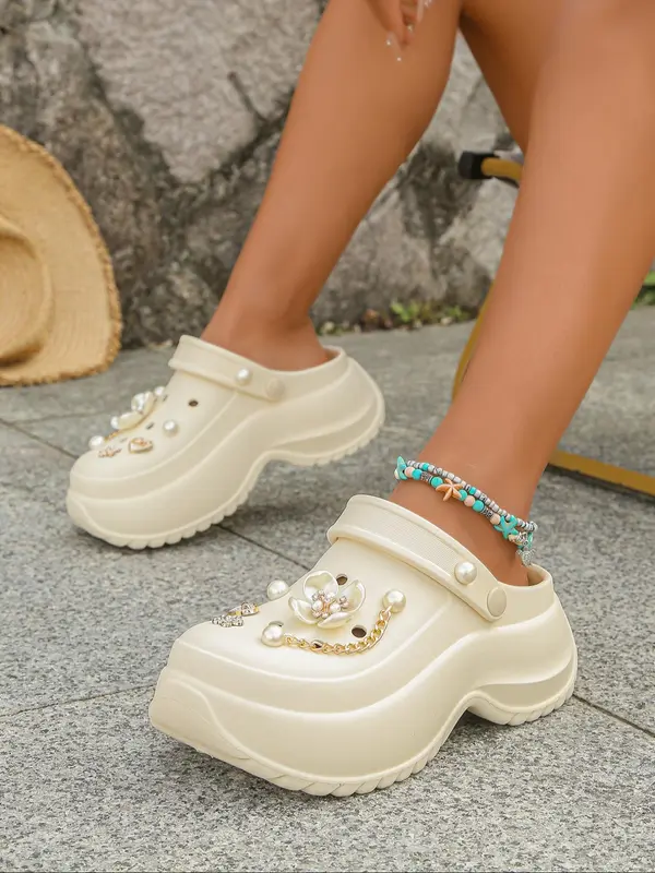 Women's Solid Color Crocs Slippers, Casual Comfortable Platform Sandals for Beach, Fashionable Shoes for Indoor & Outdoor Wear 5