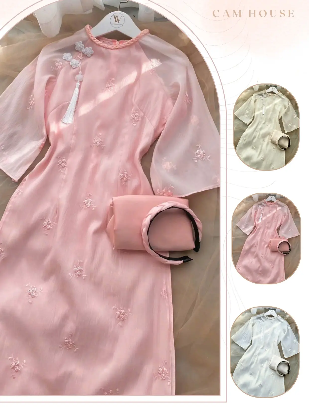 Áo Dài Cách Tân Tơ Thêu Hoa Nổi [CAM HOUSE]  Áo Dài Chất Liệu Tơ Óng 4 Tà Cổ Tròn Cá Tính Nổi Bật - Đi chơi chụp, chơi tết Nữ đen đính nơ cúc
