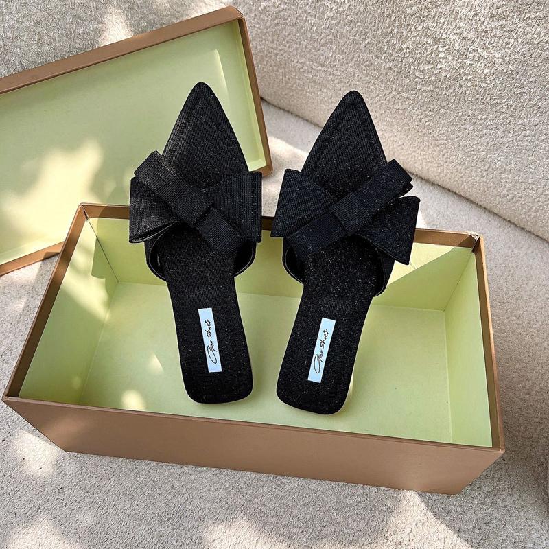 Gạo.Shoes  - (35-42 ) Dép Lê Nữ Mũi Nhọn, Quai Nơ To, Chất Liệu Vải Ánh Kim,Đế Chống Trơn Trượt. Trong nhà DéP