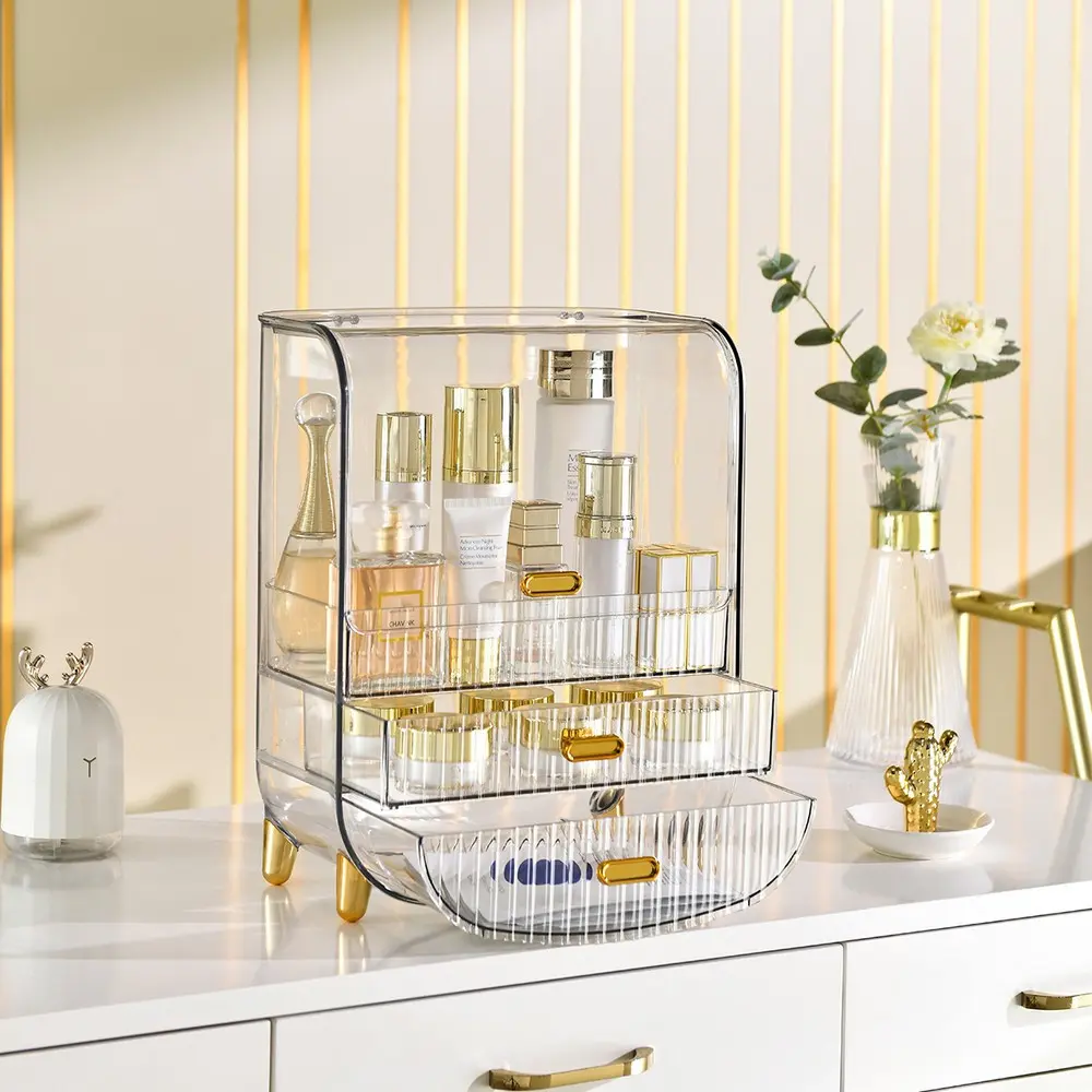 Rak Kosmetik Dengan Laci Anti Debu Tempat Make Up Skincare Transparan Serbaguna