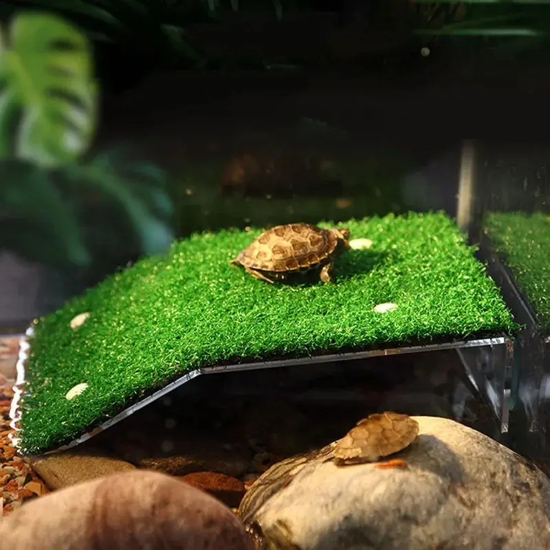 Turtle Basking Platform Resting Terrace with Fake Turf Tortoise Ramp Fish Tank Aquarium Platform Ladder Lawn for Reptile Frog