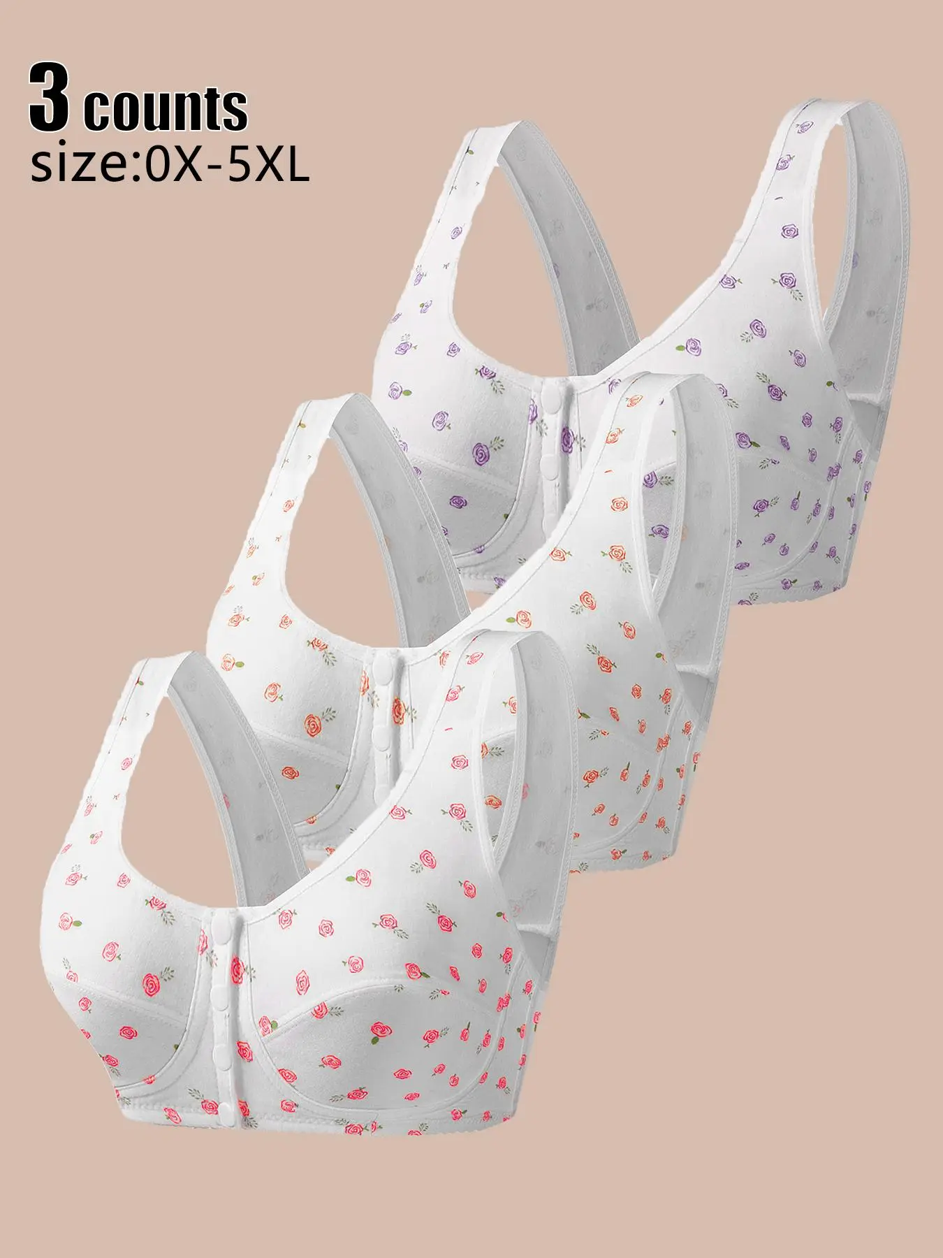 【Plus Size】 Ditsy Floral Print Button Front Wireless Bra, Casual Comfortable Breathable Bra for Daily Wear, Women's Plus Size Lingerie for All Seasons