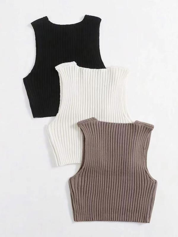 Women's Plain Ribbed V Neck Cropped Sweater Vest, Comfy Clothes for Girls, Casual Sleeveless Crop Knit Top, Summer Outfits 2024, Summer Clothes, Women's Knitwear for Daily Wear 4
