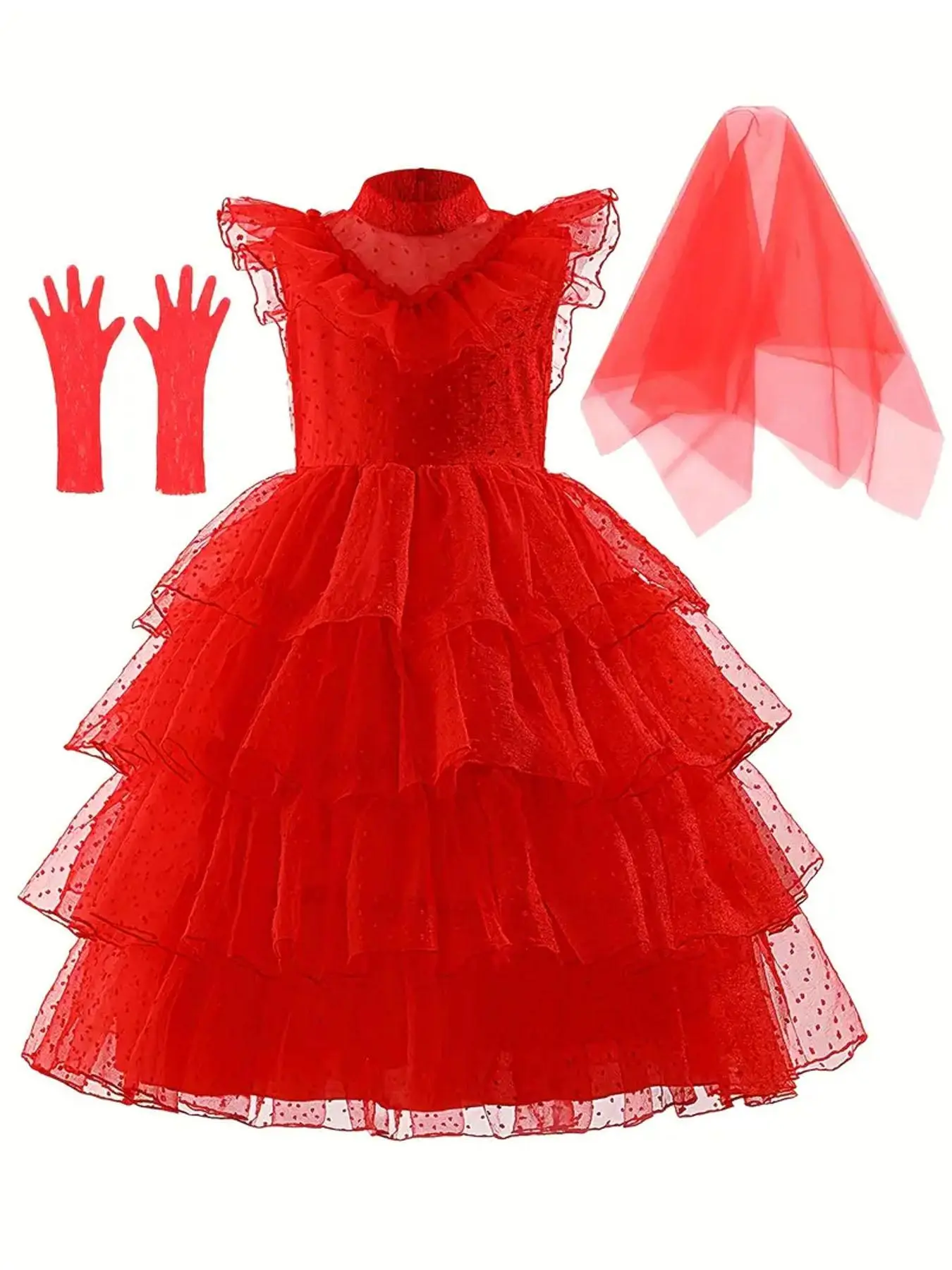 Girl's Halloween Themed Contrast Lace Tiered Layer Mesh Dress & Headscarf & Gloves Set, Elegant Butterfly Sleeve Round Neck Dress for Cosplay Party, Kids Clothes for All Seasons
