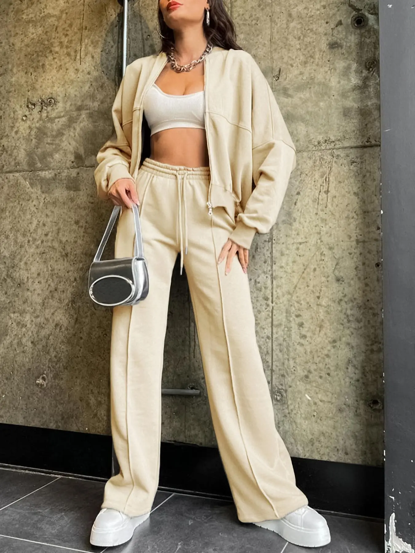 Women's Solid Drop Shoulder Zip Up Jacket & Drawstring Pocket Pants Two-piece Set, Casual Fashion Cozy Breathable Two Piece Outfits for Daily Outdoor Wear, Women Clothes for Fall & Winter, Co Ords for Women