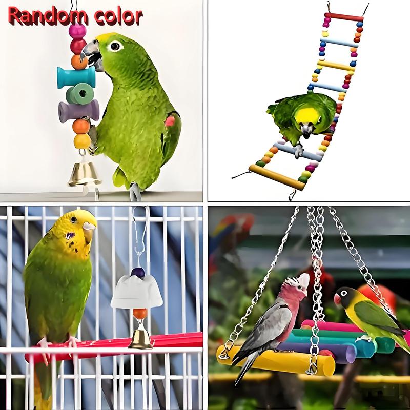 Product Introduction of Random Color Wooden Parrot Swing Toy Set, 6/12pcs Colorful Ladder & Swing & Bell & More Toy Set, Suitable for Small and Medium-sized Parrots, Pet Supplies 5