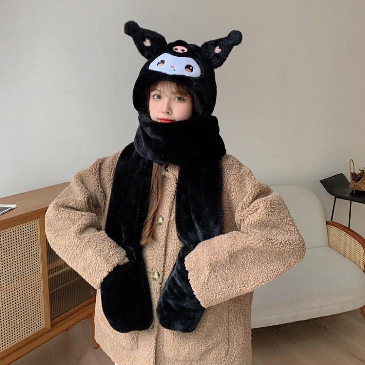 Mũ Lông Cừu 3in1 Hoạ Tiết  Kuromi Siêu Kute Mũ Kèm Khăn Quàng Cổ Và Sỏ Tay Kiểu Dáng Hàn Quốc Women Hoa 3