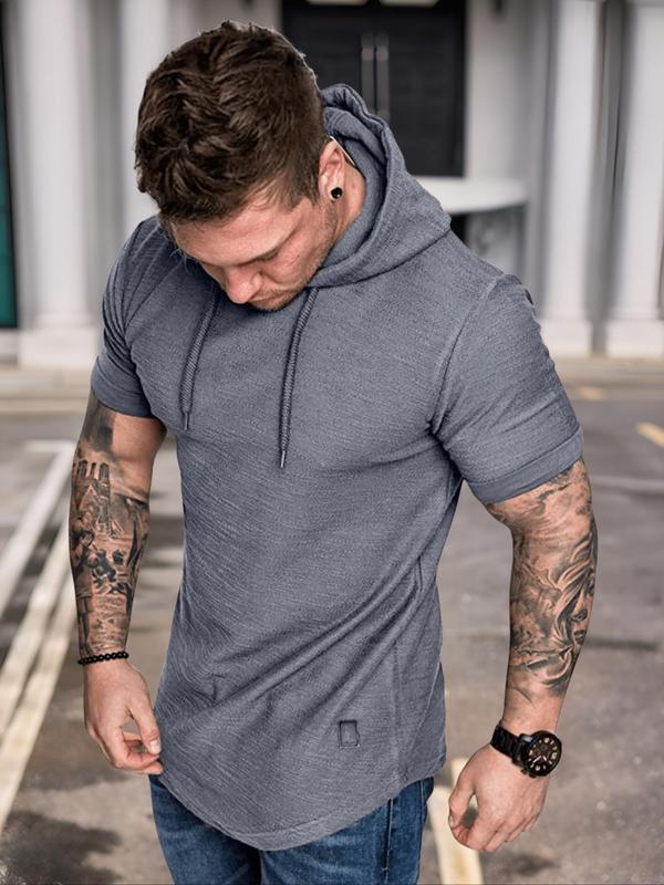 Men's Solid Drawstring Hooded Tee, Casual Regular Fit Short Sleeve T-Shirt for Summer, Menswear for Daily Wear 4