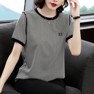 M-4XL 90KG Fat Female Can Wear Plus Size Stripe T-shirt Women Short-sleeved Loose Oversized Show thin Korean Stitching Summer New Fashion Tops Chiffon Shirt