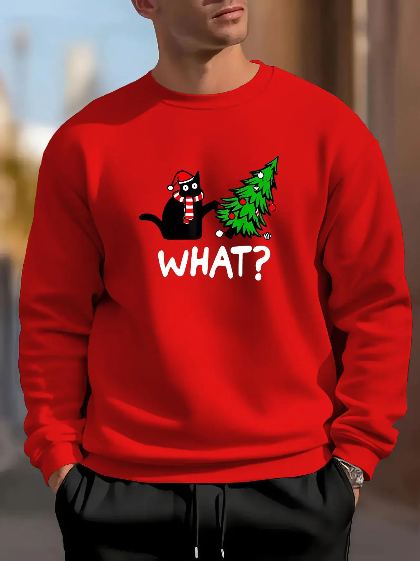 Men's Cartoon Cat & Christmas Tree Print Drop Shoulder Sweatshirt, Regular Fit Casual Soft Comfy Long Sleeve Round Neck Pullover for Daily Wear, Men's Top for Fall & Winter