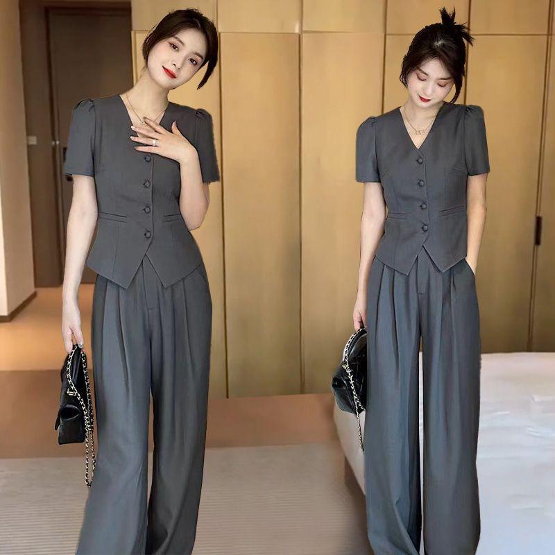Bộ Đồ Thời Trang Mùa Hè, Áo ngắn Tay Thanh Lịch Bó Sát Áo Khoác Ngắn, Quần Dài Ống Đứng, Bộ Đơn / Bộ 3