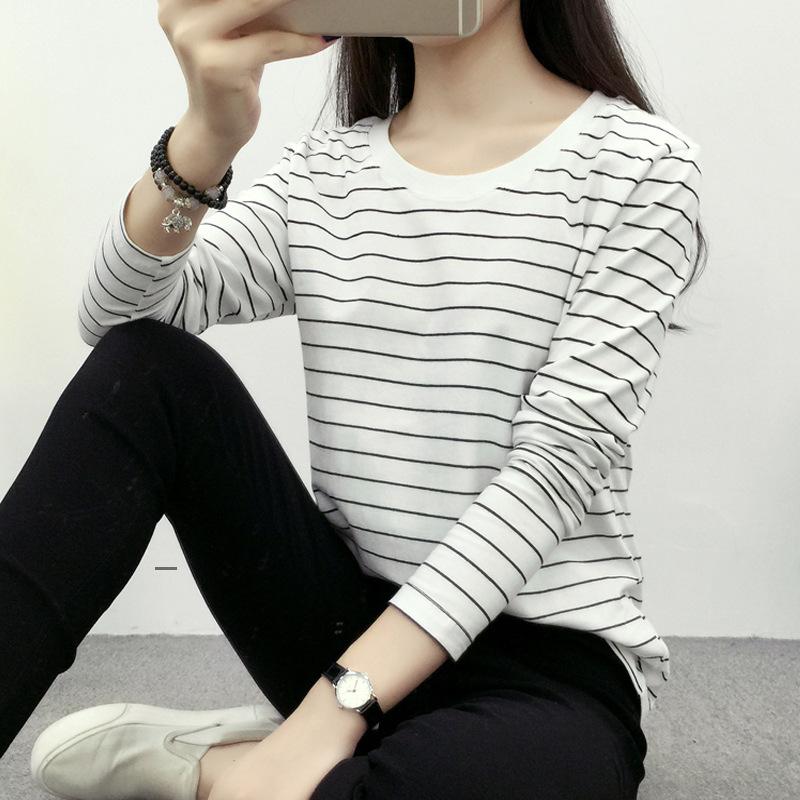Áo Thun Nữ Dài Tay, F # 029, Dáng Rộng Vừa Vặn, Có Lớp Lót Bên Trong Và Có Thể Mặc Bên Ngoài, Thích Hợp Cho Mùa Thu Và Mùa Xuân, Sọc Đen Và Trắng, Vừa Vặn Tuyệt Vời, Thời Trang, Top Women Cổ Tròn 1