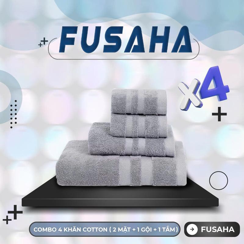 Combo 4 "Đủ Đầy" Gồm 2 Khăn Mặt - 1 Khăn Gội- 1 Khăn Tắm FUSAHA TOWEL 100% Cotton Thấm Hút, Không Đổ Lông, Không Phai Màu 0