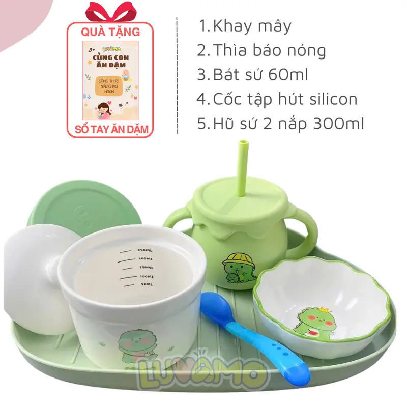Bộ bát ăn dặm cao cấp cho bé kèm cốc tập hút, bát sứ, thìa cho bé màu sắc đa dạng nghộ nghĩnh Luvamo Kem Voi hũ thủy tinh bát  thìa  ăn  dặm  cho  bé 4