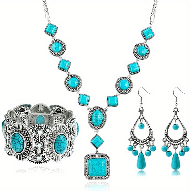 [Complete Turquoise Bead Jewelry Set] Bohemian Turquoise Necklace Round Necklace Bracelet Earrings Bead Jewelry Set 1