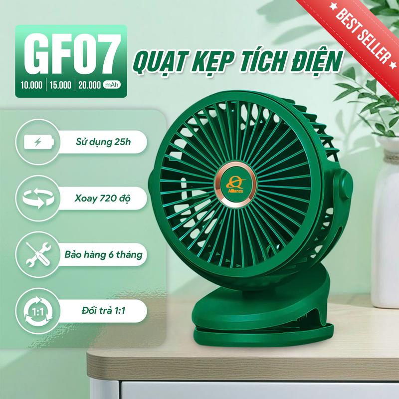 【Alliance Quạt kẹp mini GF07 12-13cm Dung Lượng Pin 10.000mah-15.000mah-20000mah-30.000mah - Bảo Hành 6 Tháng