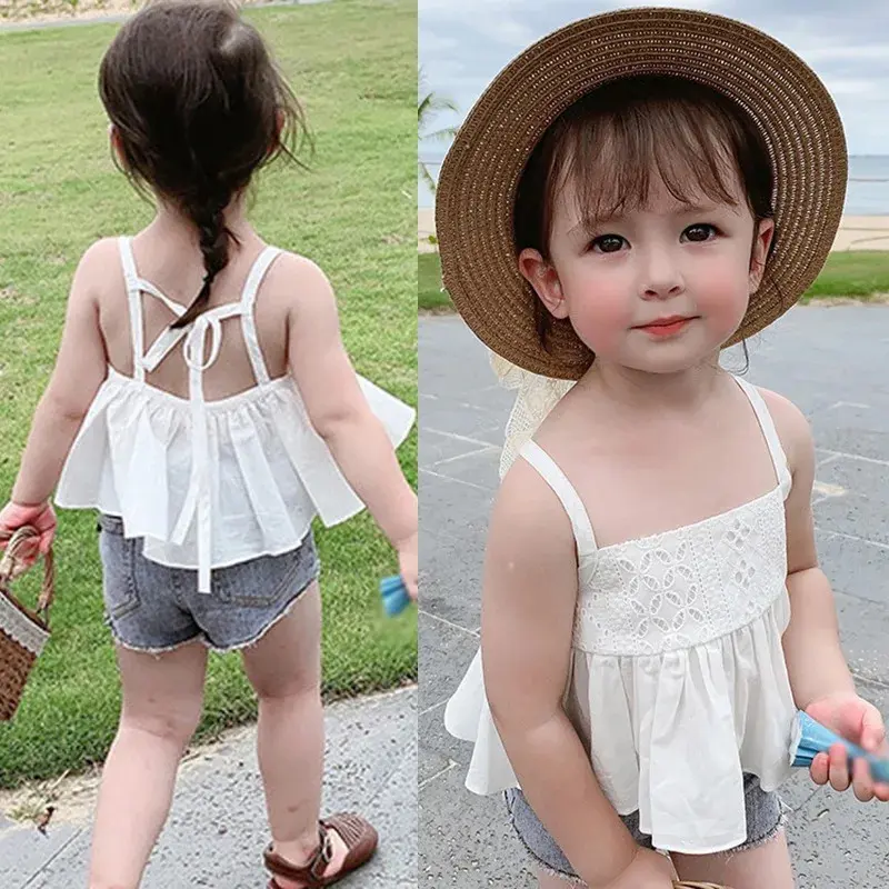 Baju Atasan Rompi Pendek Kanak-kanak Perempuan, Fesyen Musim Panas, Gaya Anduh Manis, Baju Dalam Tanpa Lengan, Baju Atasan Tangki, Pakaian, 1PC