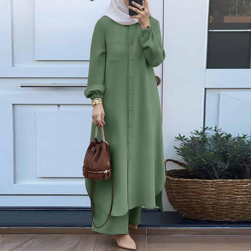Product Introduction of Hot Sale Muslim Women's Wear Discount for Arabic Style Two-Piece Suit Spring and Autumn New Long Sleeve Shirt Trousers Suit 4