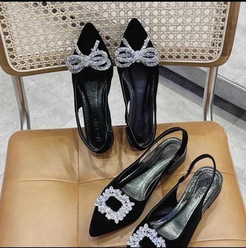 Giày cao gót da nhung mũi nhọn gắn nơ dá lấp lánh gót cao 3cm Gót trung bình 3-5 cm