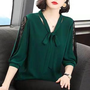 M-5xl 100KG can wear Chiffon Blouse Bowknot Tie Three quarter sleeve V neck Shirt Women T-shirt Thin New Half sleeve Middle-aged Mother lace chiffon Tops Plus size