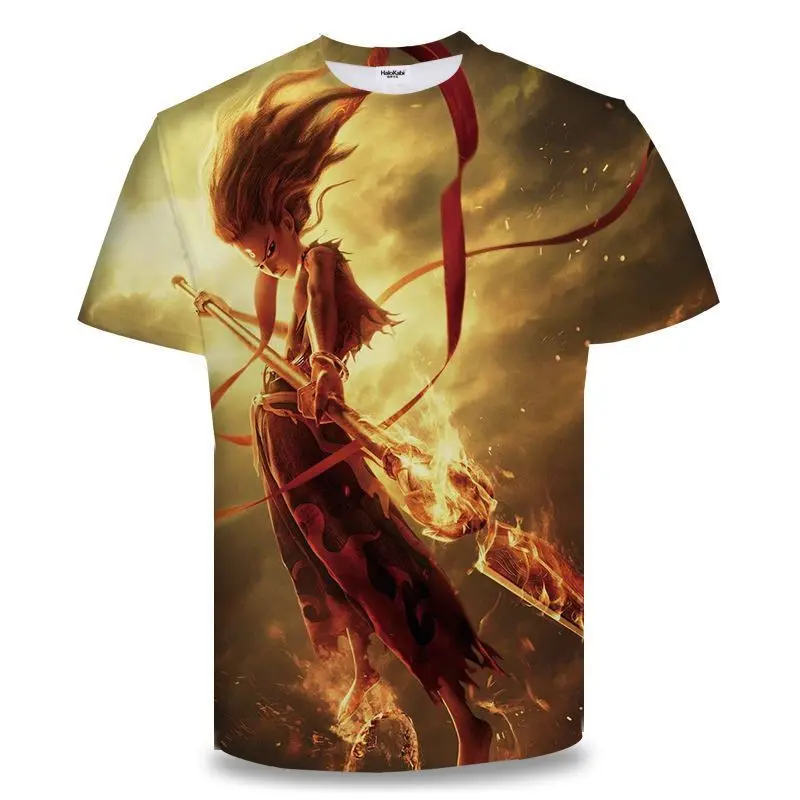 3D printed T-shirt with Nezha character pattern in the movie, men's fashionable outdoor versatile T-shirt