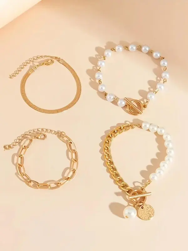 Faux Pearl Decorated Link Bracelet, Fashionable OT Buckle Design Jewelry for Women & Girls, Fashion Jewelry for Party, Daily Decor, Trendy All-match & Exquisite Jewelry for Birthday Gift 3