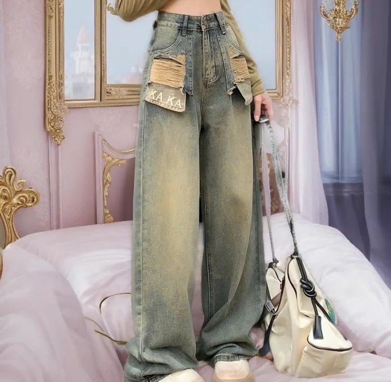 Quần bò jean ống rộng suông xuông nữ jeans cạp cao thêu chữ KAKA phong cách Hàn Quốc 2024 Women Pants