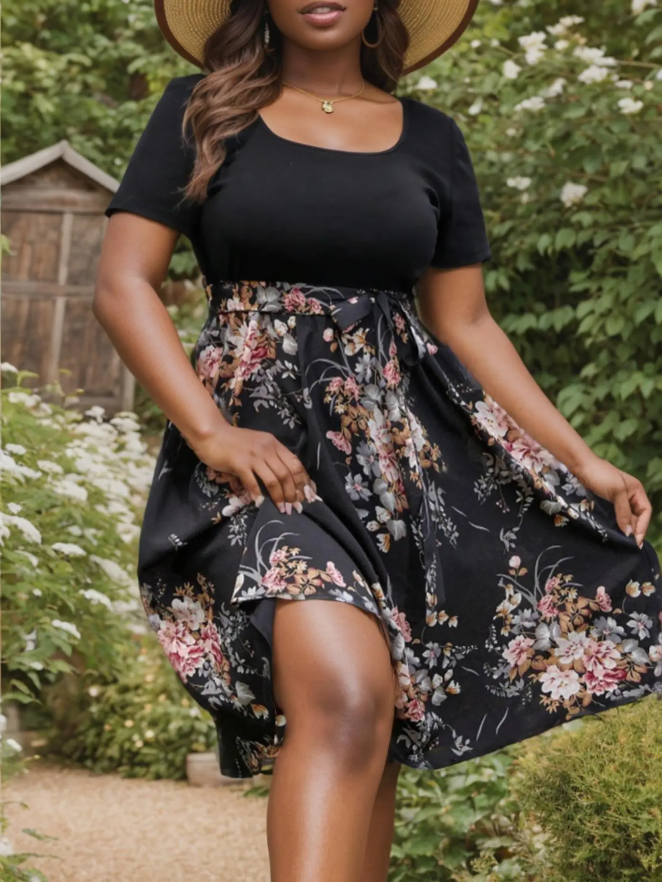 【Plus Size】 Floral Patchwork Print Belted Tie Front Dress, Boho Casual Short Sleeve Round Neck A Line Dress for Summer, Women's Clothes for Holiday Vacation Daily Wear