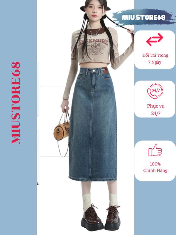 Chân váy jean dài nữ xẻ sau cạp cao dáng chữ A phong cách ulzzang, chân váy bò lưng cao vải denim cao cấp M007 Women Voan Voi