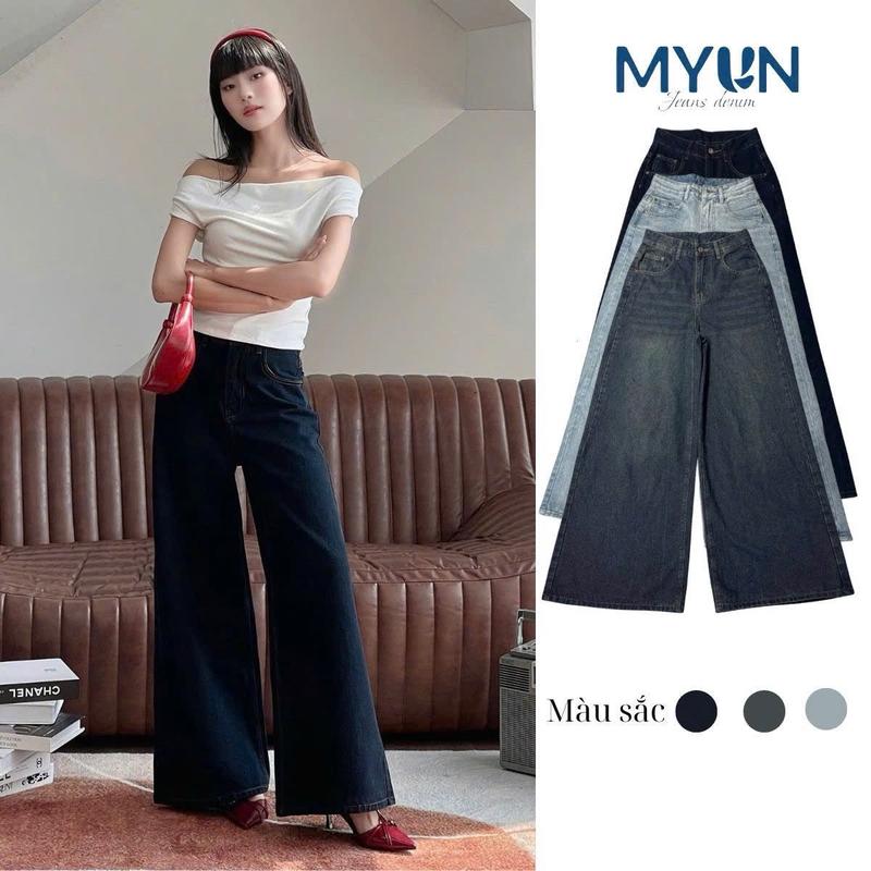MYUN - Quần Jean Nữ ống rộng Loe, ống 34cm, cạp cao tôn dáng, quần bò loe denim xanh đen vải cotton JL0001- Pants, Women