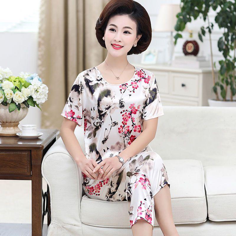 Đồ Ngủ Cho Mẹ TRUNG NIÊN, Đồ Mặc Nhà Mùa Hè, Chất Liệu Lụa Nhân Tạo, ngắn Tay, Dáng Rộng Vừa Vặn, Ngoại Cỡ, Thích Hợp Cho Phụ Nữ Trung Người Già Và Cao Tuổi, Làm Bằng Lụa Lạnh 7