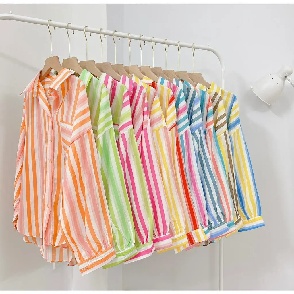 Áo Sơ Mi Nữ Kẻ Sọc Phối Màu Thời Trang Freesize, Sơ Mi kẻ sọc phối Women Top Sọc Kẻ