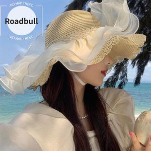 ROADBULLフランス風レースリボン払ういきMaiわら帽子,女性を使う夏を使うつばグアンリよけ帽子,海辺ビーチリゾート用サンハット