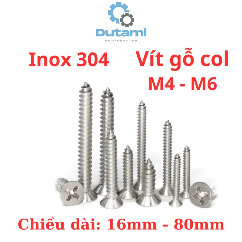 Vít răng thưa bắn gỗ, vít bắt tắc kê inox 304 đầu bằng size M4 M5 M6 0